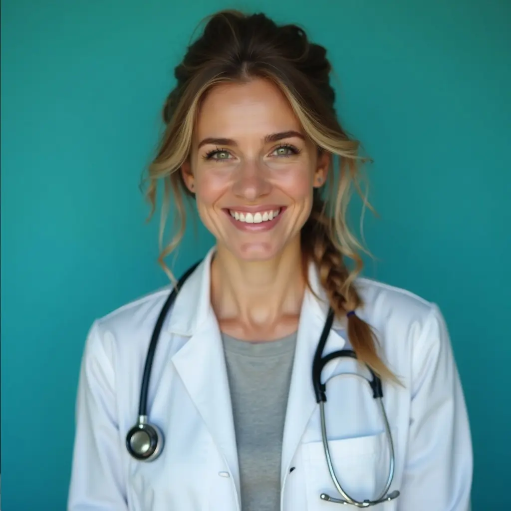 AI example made from that selfie: the same woman in a white coat with a stethoscope on a teal background