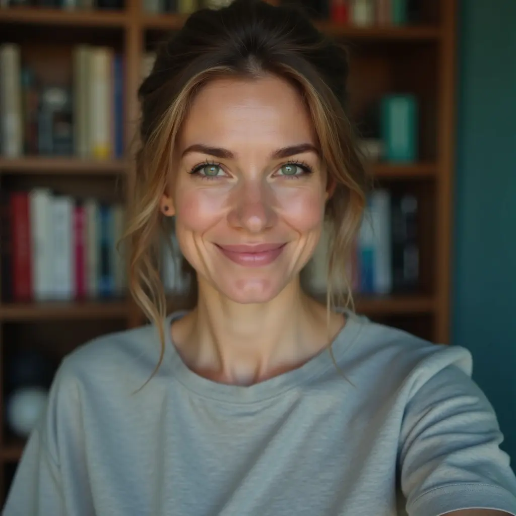 Original selfie: a woman in a gray t-shirt in front of a bookshelf
