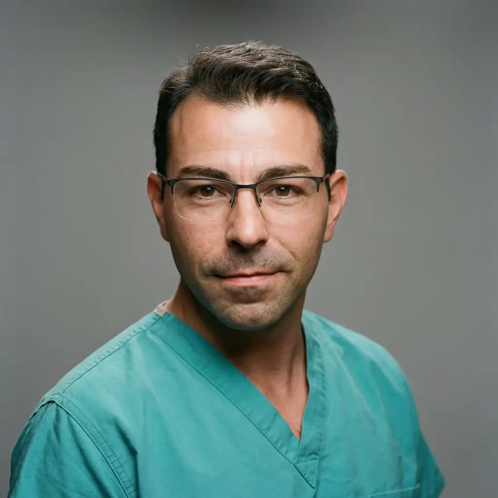 AI example made from that selfie: the same man in green scrubs on a gray background