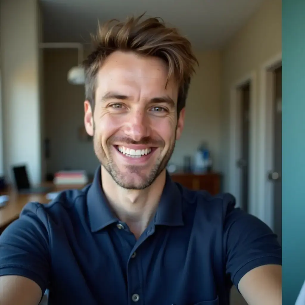 Headshot before applying posing tips — straight-on and stiff