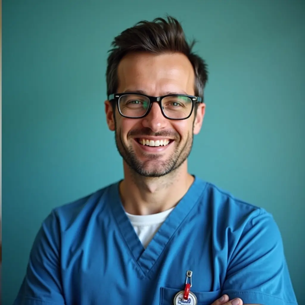 AI example made from that selfie: the same man in blue scrubs on a teal background