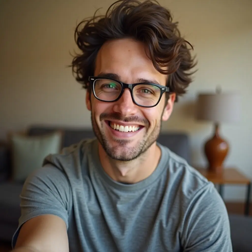 Original selfie: a man with glasses in a gray t-shirt at home