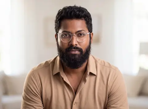 AI example headshot: man with glasses and a beard in a tan shirt in a bright home