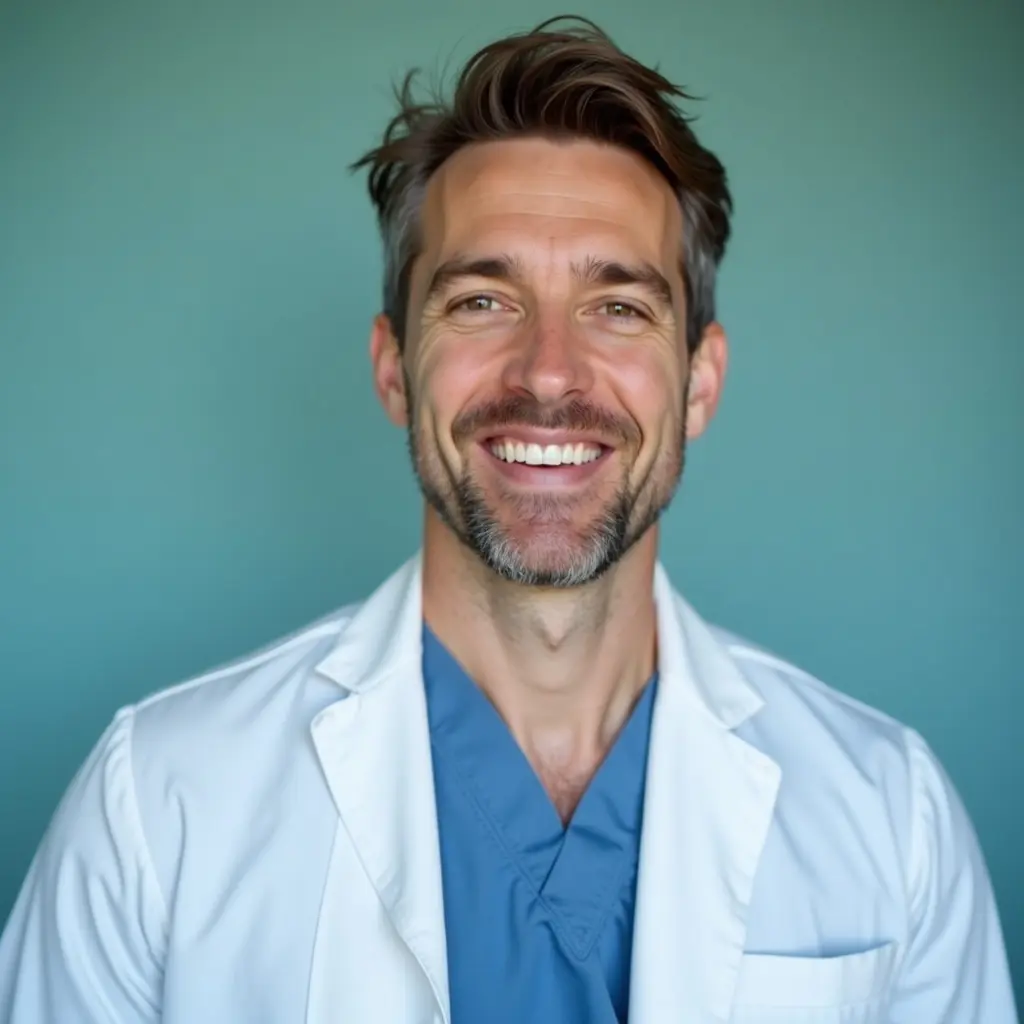 AI example made from that selfie: the same man in a white coat on a teal background