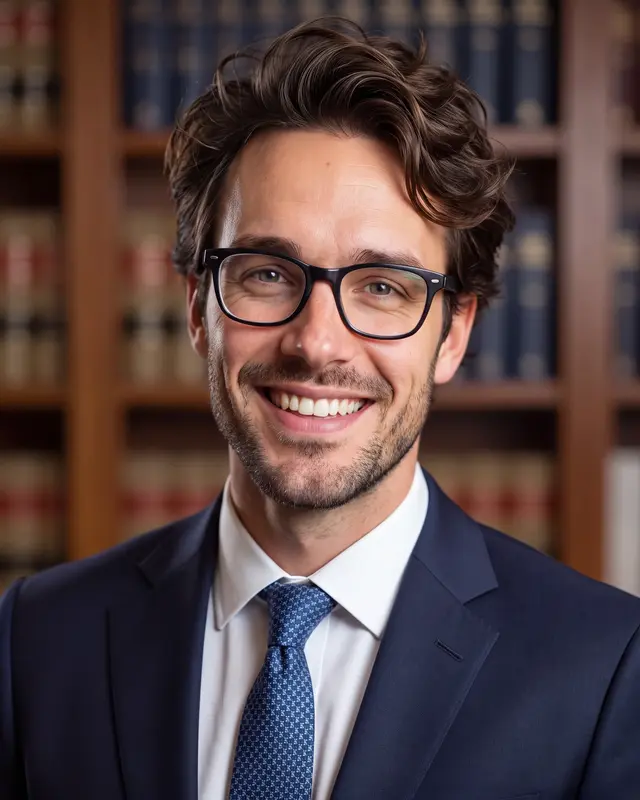 AI example made from that selfie: the same man in a navy suit and tie in front of law books