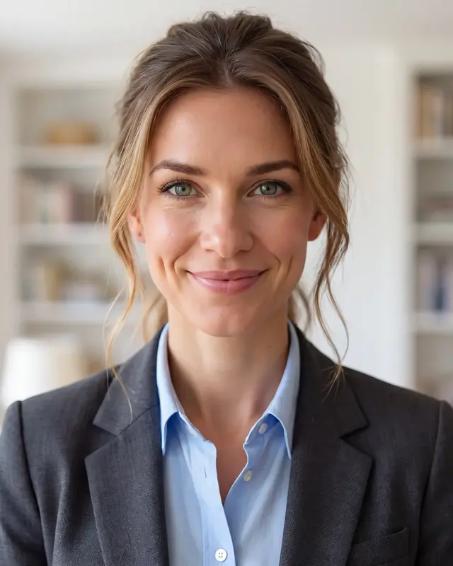 AI example made from that selfie: the same woman in a charcoal blazer in a bright home