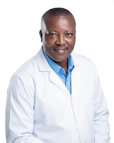 AI example made from that photo: the same man in a white coat on a white background