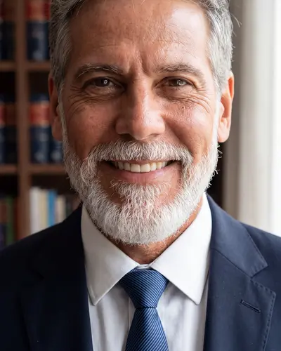 AI example made from that photo: the same man in a navy suit and tie in front of law books
